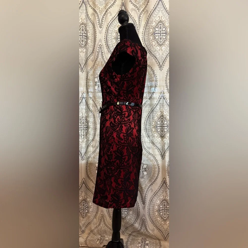 Alyx Petite Red & Black Lace Sheath Dress with Belt | Size 4P - Picture 8 of 11